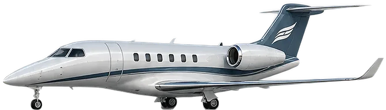 Phenom 300E in a white and slate livery, side profile