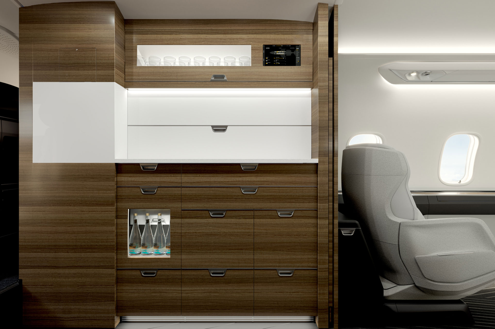 Bombardier Challenger 350/3500 galley with wood-veneer cabinetry