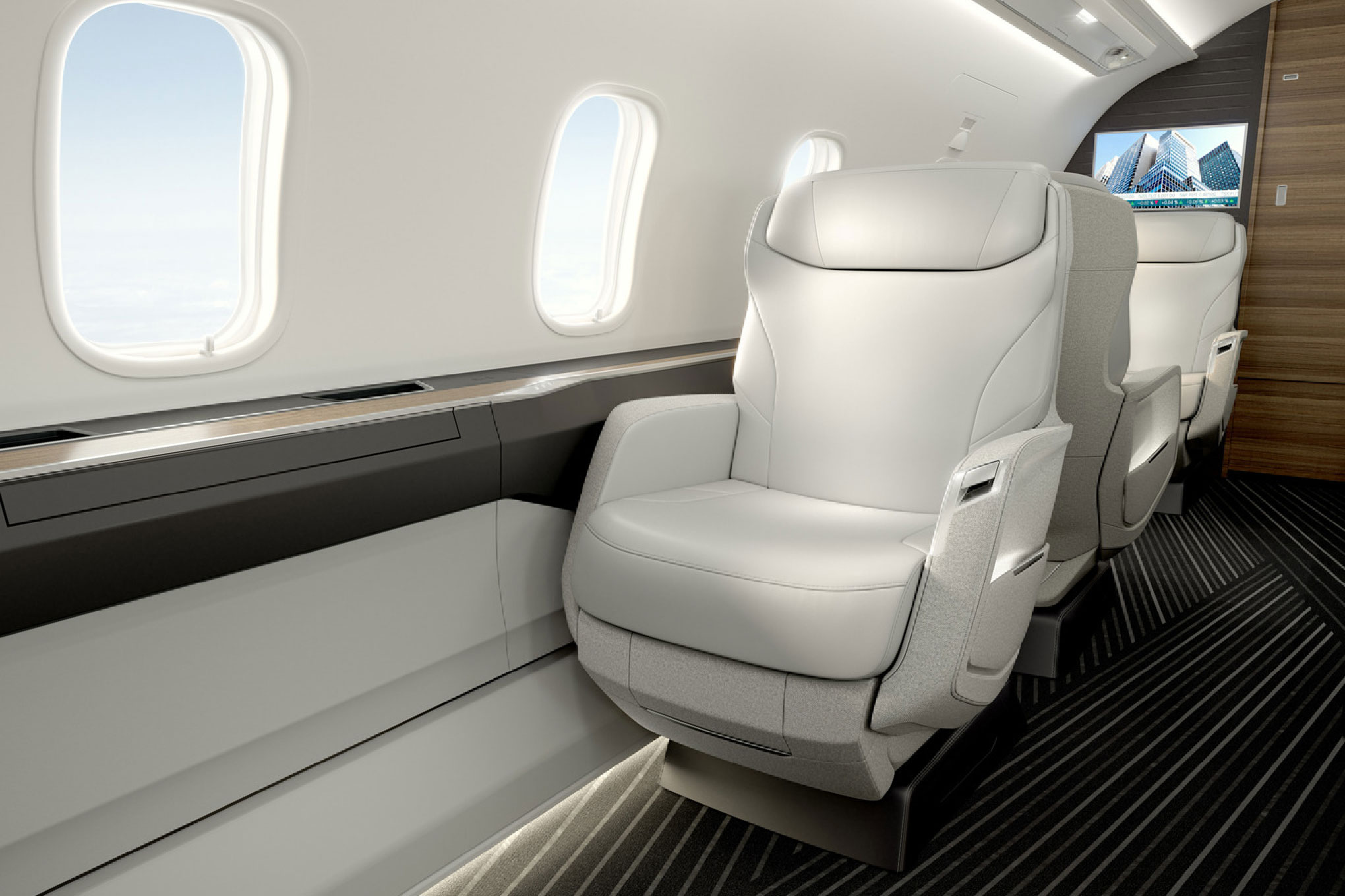 Bombardier Challenger 350/3500 white leather cabin seat by the window