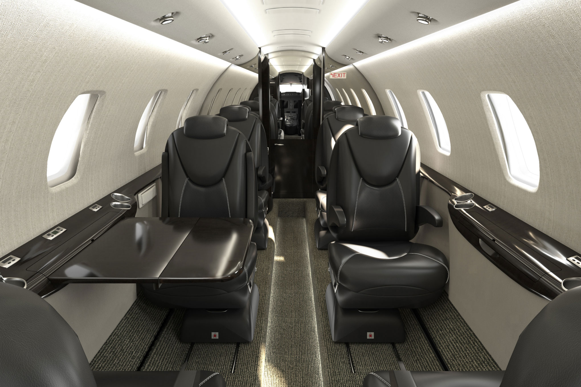 Cessna Citation XLS+ cabin aisle with dark leather club seats