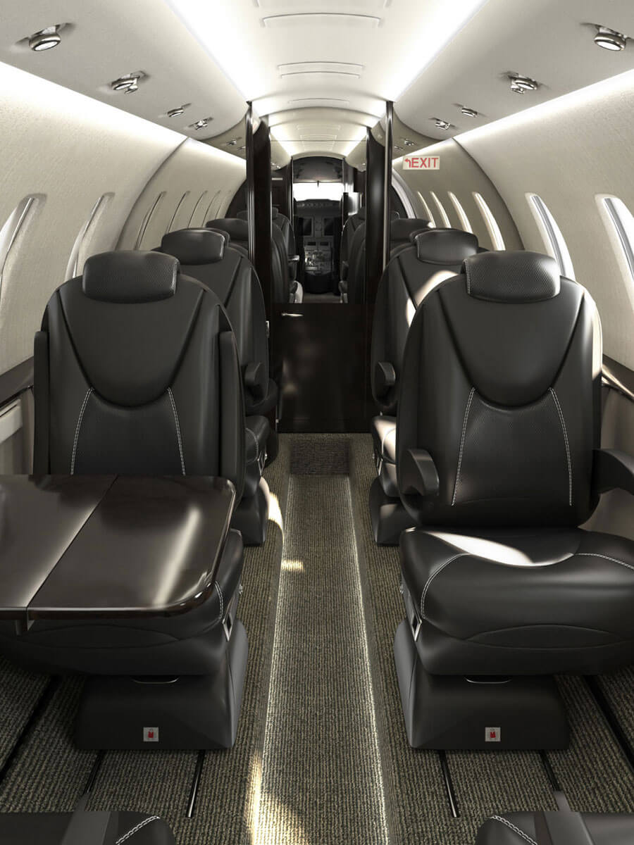 Cessna Citation XLS+ cabin aisle in dark leather, portrait view