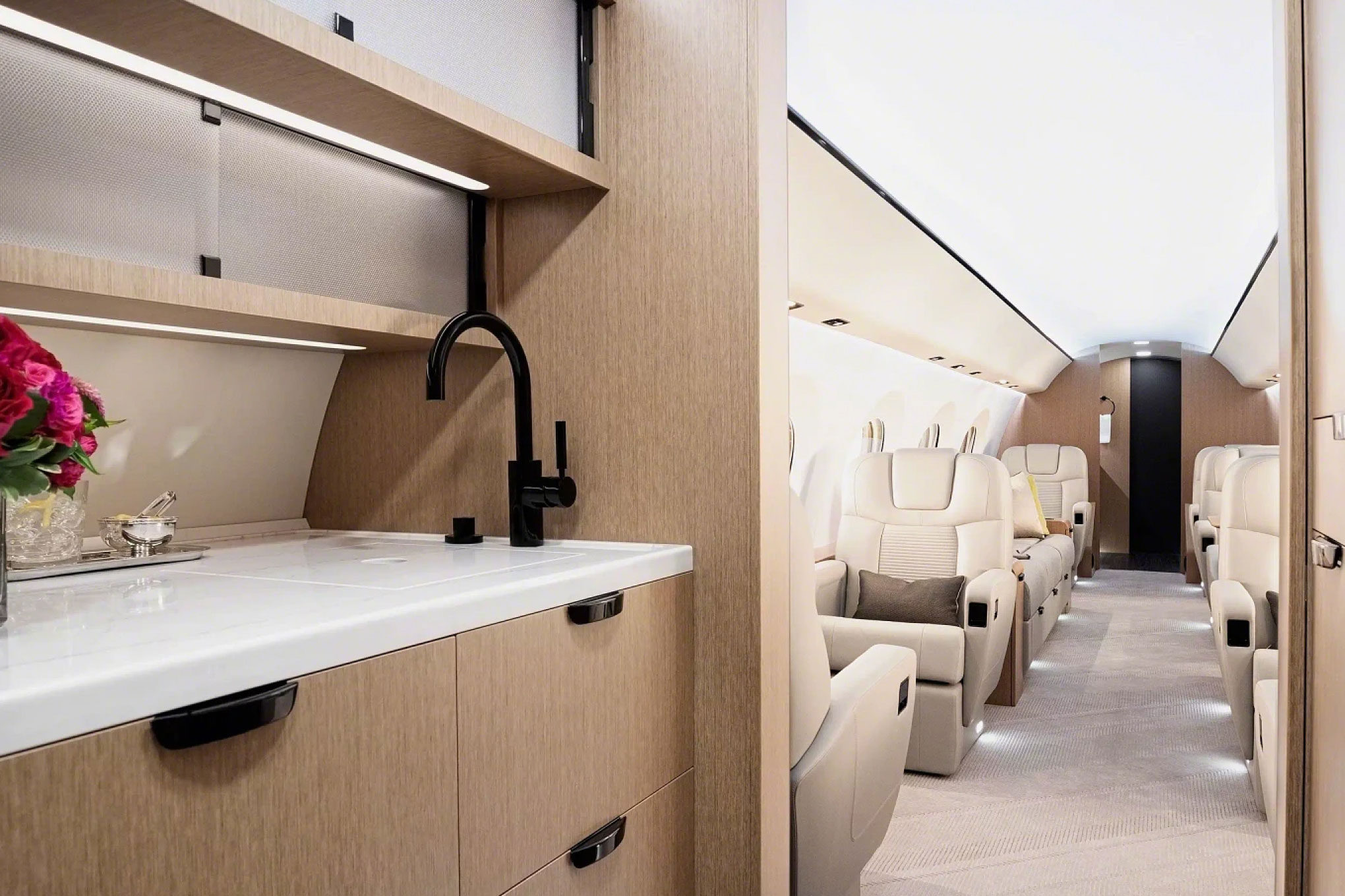 Gulfstream G400 galley with sink, looking aft into the cabin