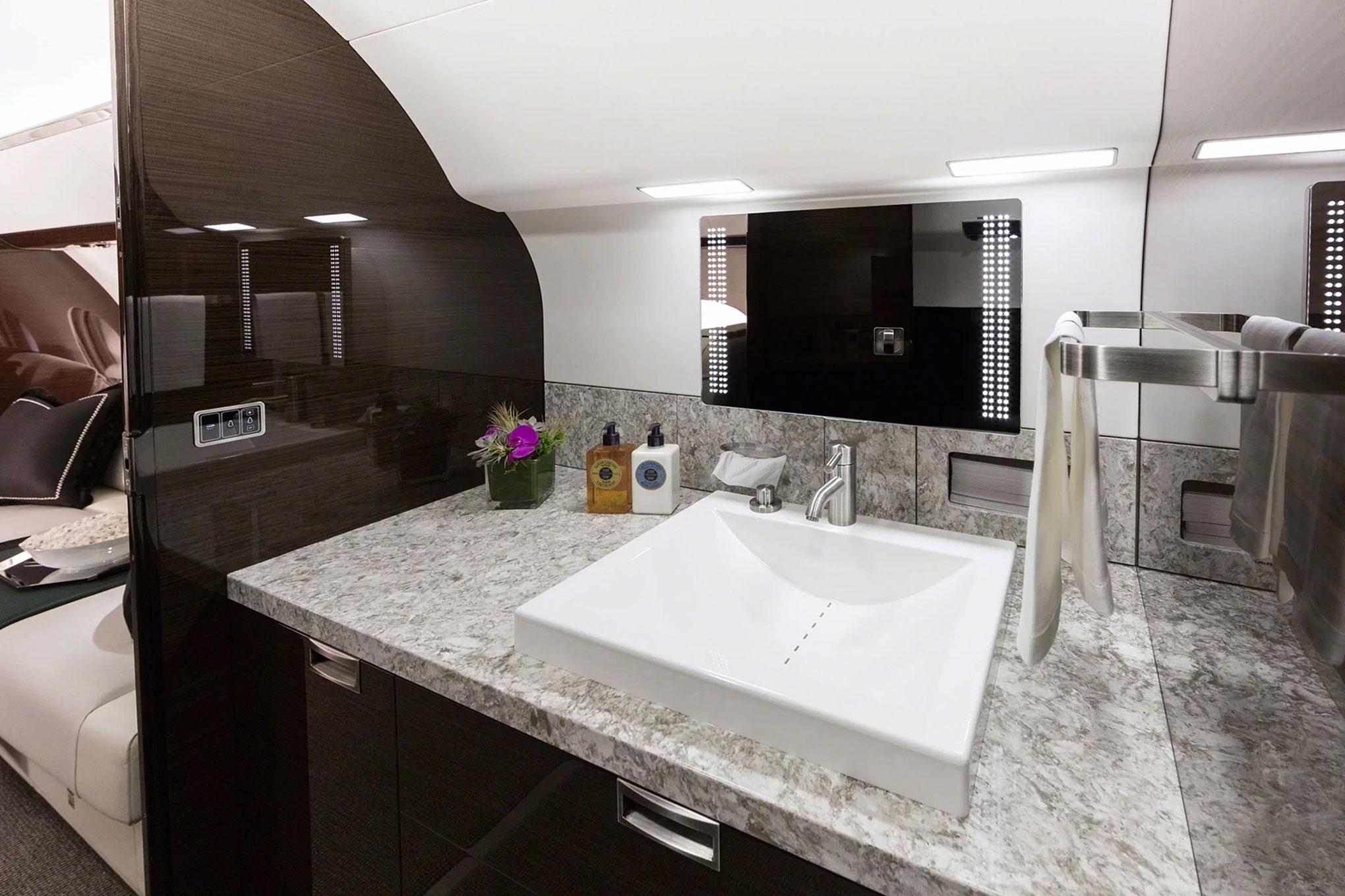 Gulfstream G650 lavatory vanity with a marble counter