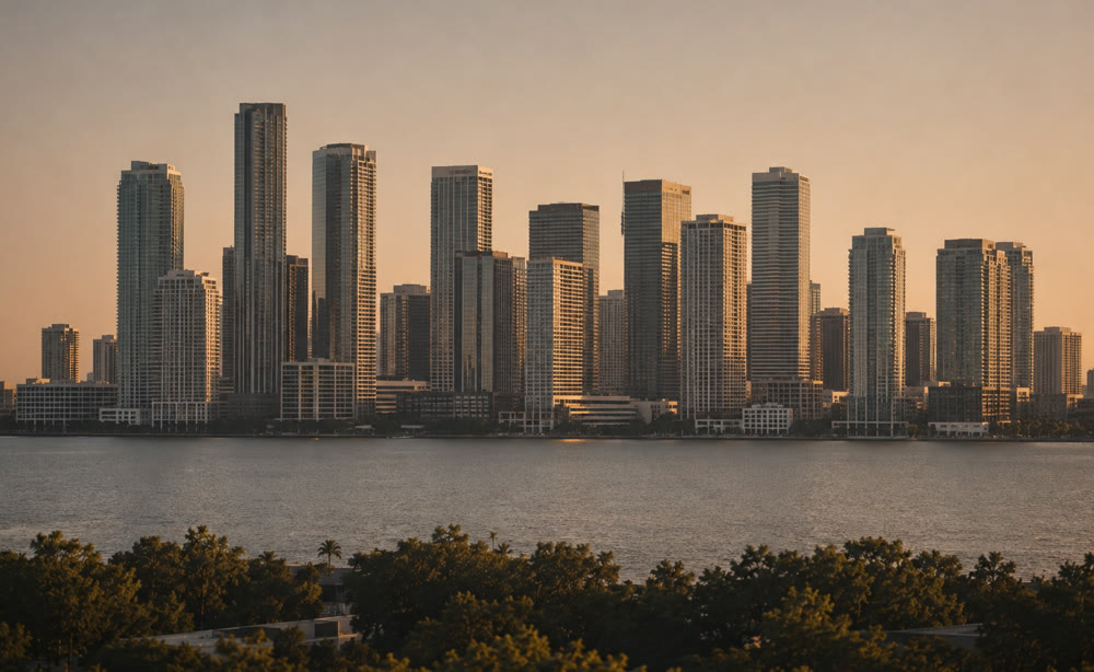 Miami skyline across the water at dusk