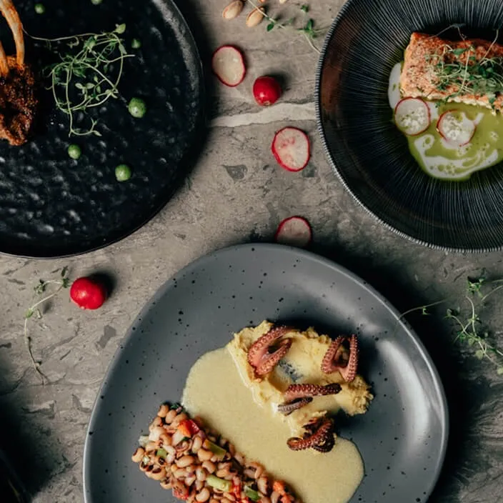 Plated fine-dining courses on a dark table